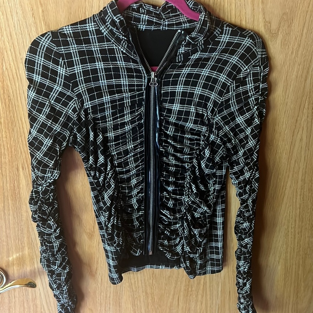 Plaid, zip up blouse/ decorative jacket
